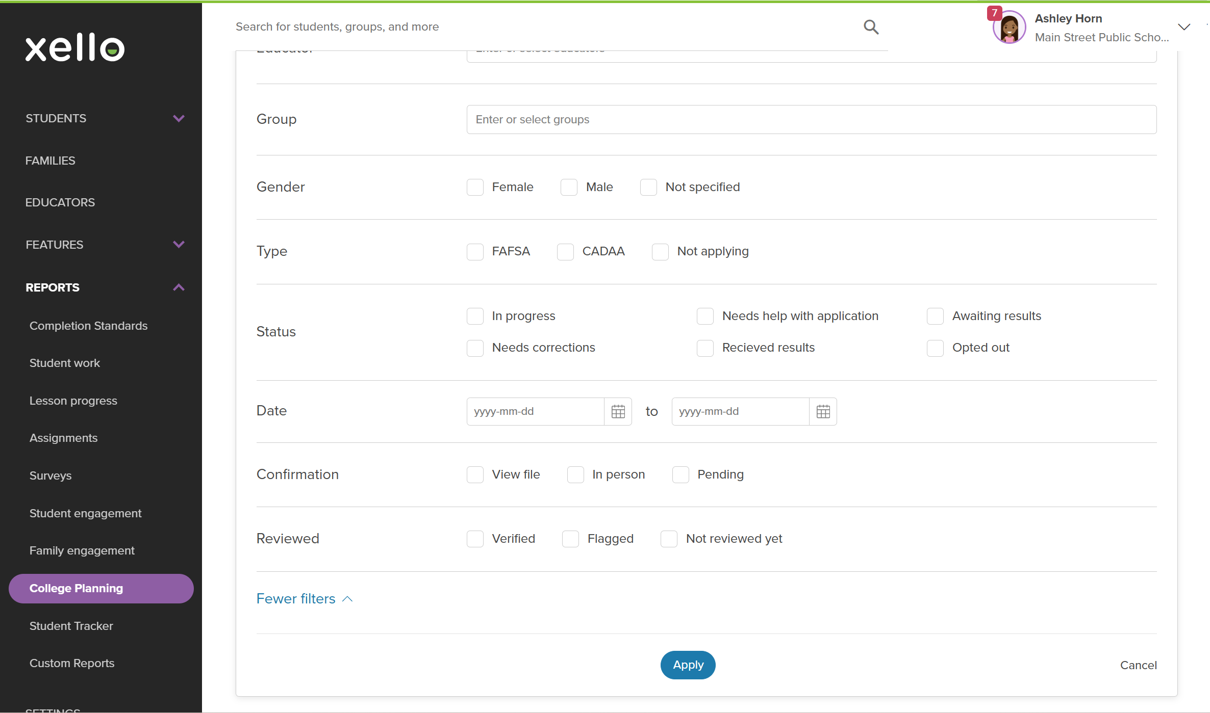 Click to enlarge The filters modal for FAFSA and state aid report. Filters includ Status, Date, Confirmations and Reviewed
